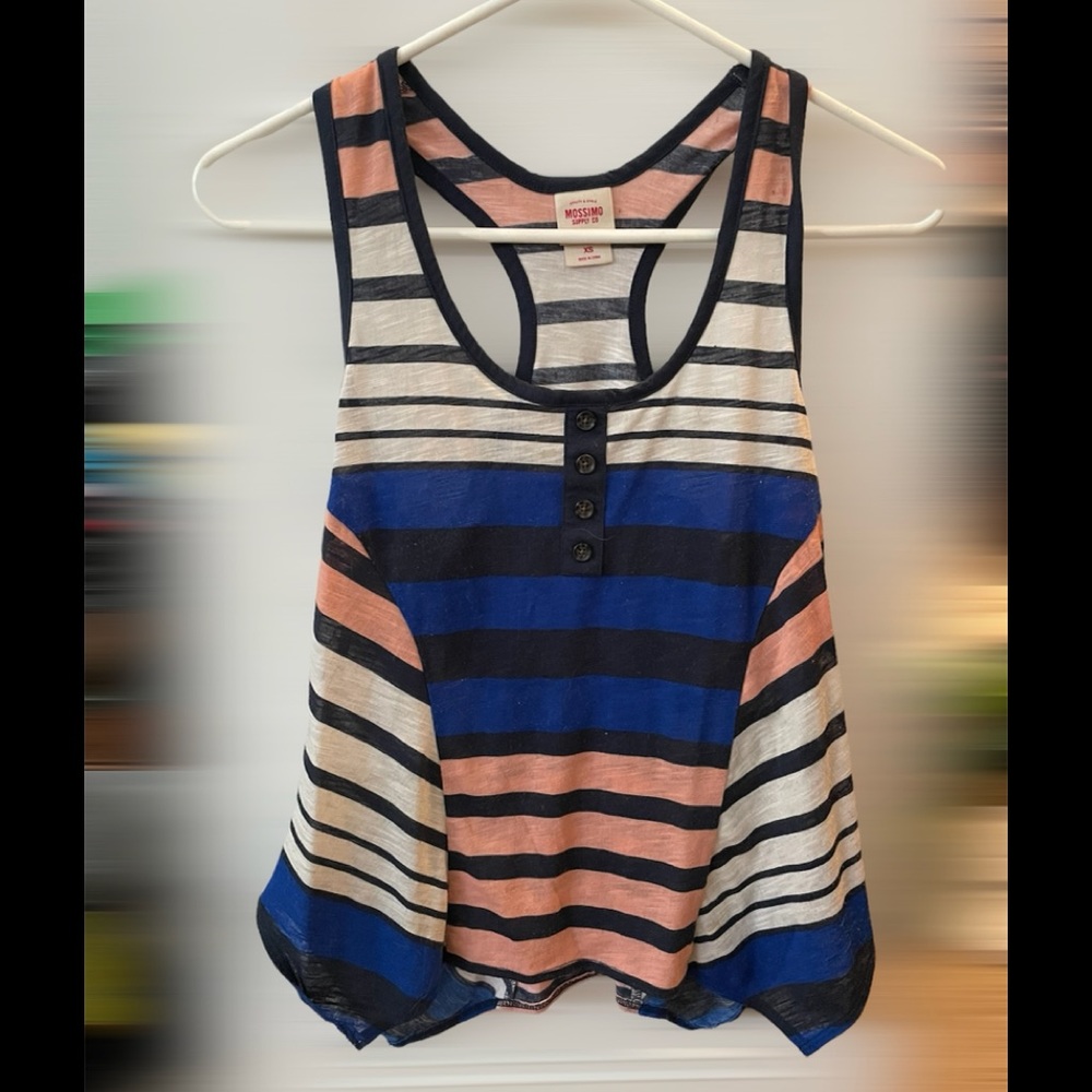 Vintage y2k Mossimo tank top. Size XS. Bold black, blue, and pink stripes.